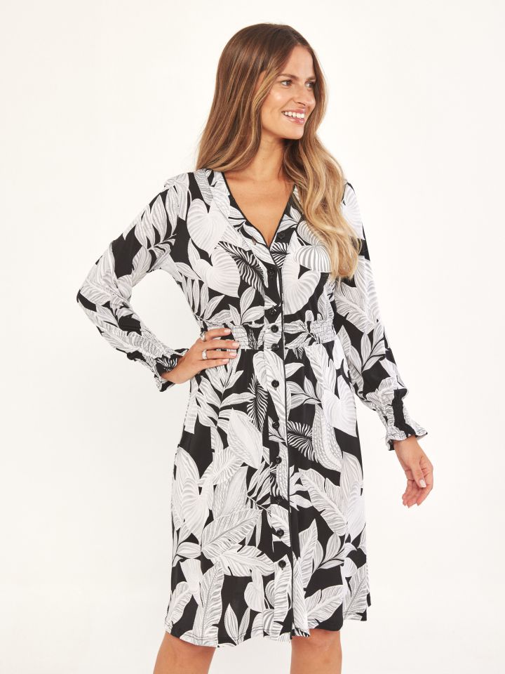 שמלה דפוס מכופתרת PROMO בצבע פרח לבן