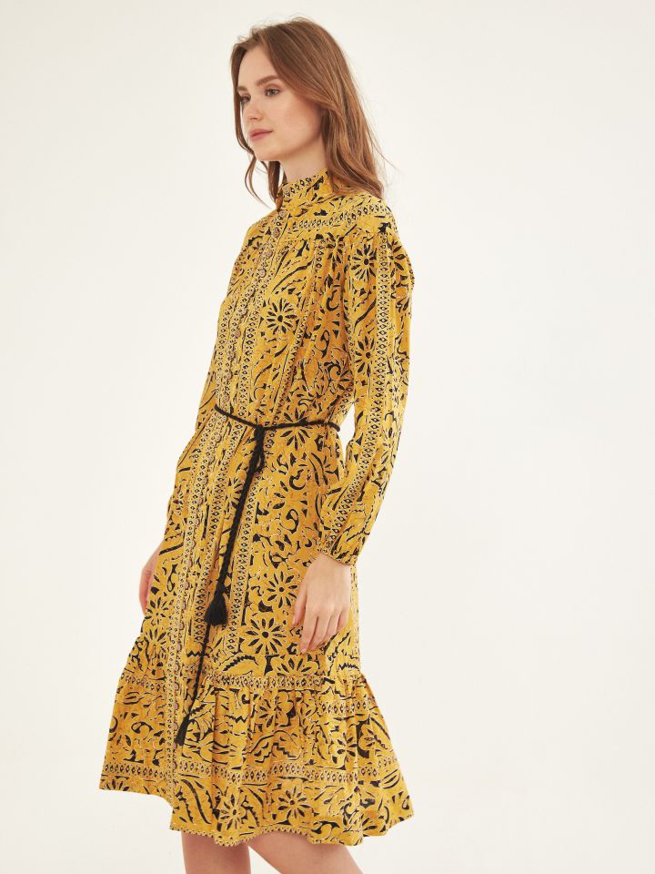 שמלה דפוס כפתורים בצבע חרדל