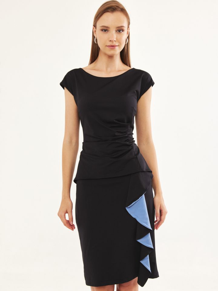 שמלה שילוב מלמלה בצבע שחור/תכלת