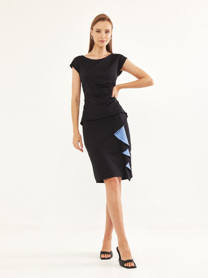 שמלה שילוב מלמלה בצבע שחור/תכלת