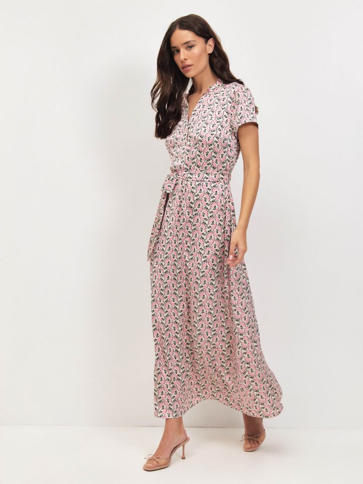 שמלה דפוס חגורה PROMO בצבע ורוד עתיק