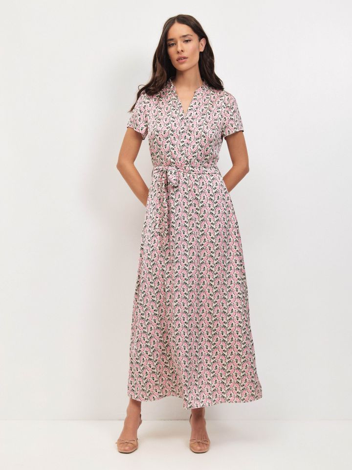 שמלה דפוס חגורה PROMO בצבע ורוד עתיק