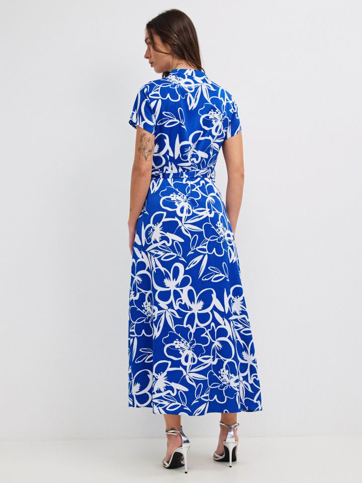 שמלה דפוס חגורה קשירה PROMO בצבע כחול/לבן