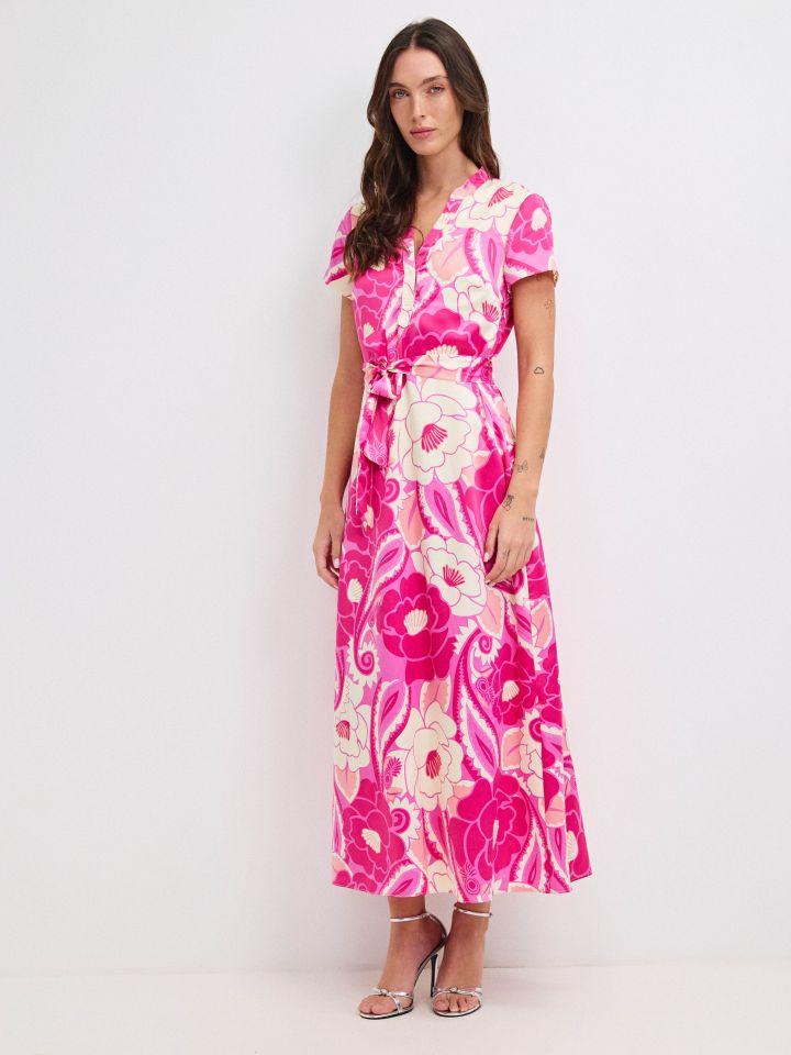 שמלה דפוס חגורה קשירה PROMO בצבע פוקסיה