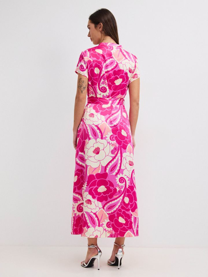 שמלה דפוס חגורה קשירה PROMO בצבע פוקסיה