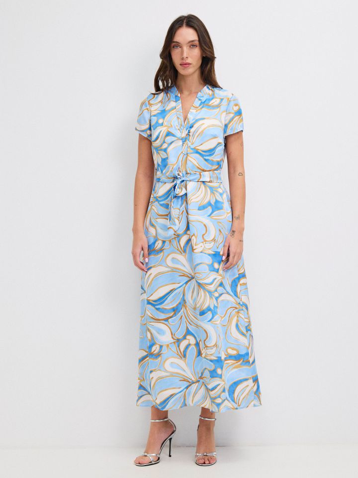 שמלה דפוס חגורה קשירה PROMO בצבע תכלת