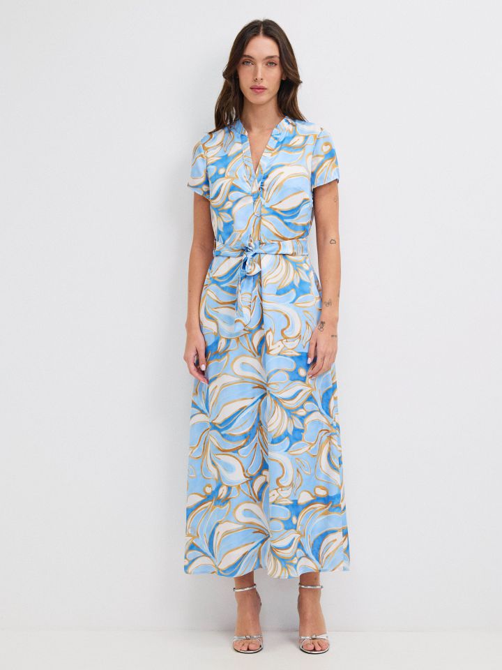 שמלה דפוס חגורה קשירה PROMO בצבע תכלת