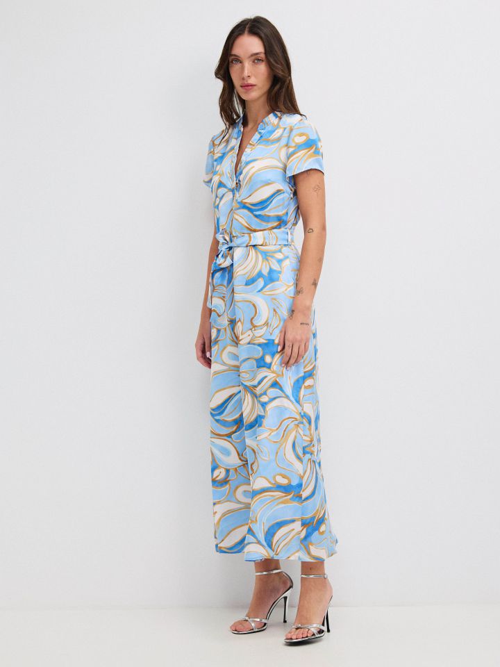 שמלה דפוס חגורה קשירה PROMO בצבע תכלת