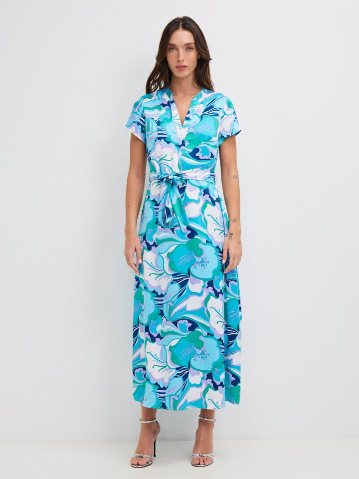 שמלה דפוס חגורה קשירה PROMO בצבע טורקיז