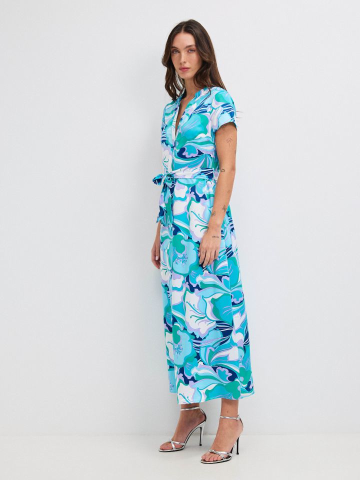 שמלה דפוס חגורה קשירה PROMO בצבע טורקיז