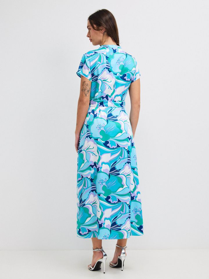 שמלה דפוס חגורה קשירה PROMO בצבע טורקיז