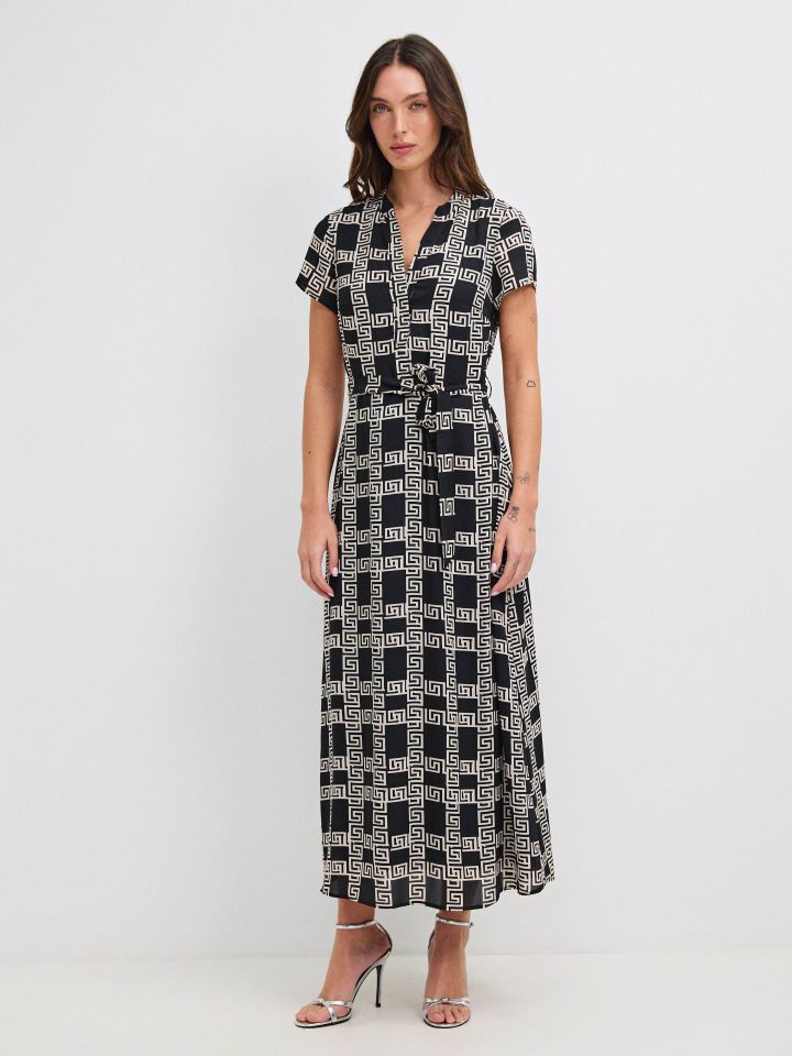 שמלה דפוס חגורה קשירה PROMO בצבע אתני