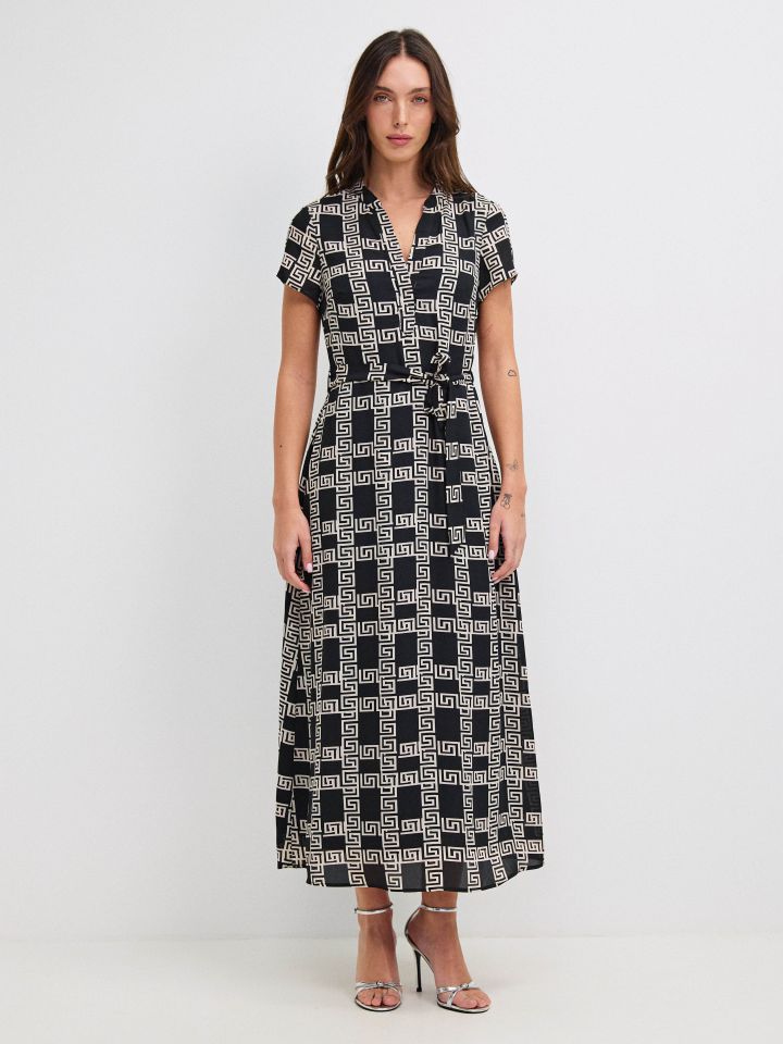 שמלה דפוס חגורה קשירה PROMO בצבע אתני