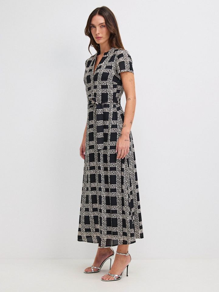 שמלה דפוס חגורה קשירה PROMO בצבע אתני