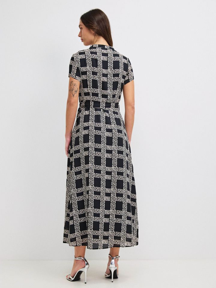 שמלה דפוס חגורה קשירה PROMO בצבע אתני