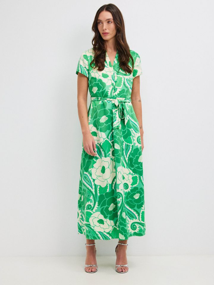 שמלה דפוס חגורה קשירה PROMO בצבע ירוק