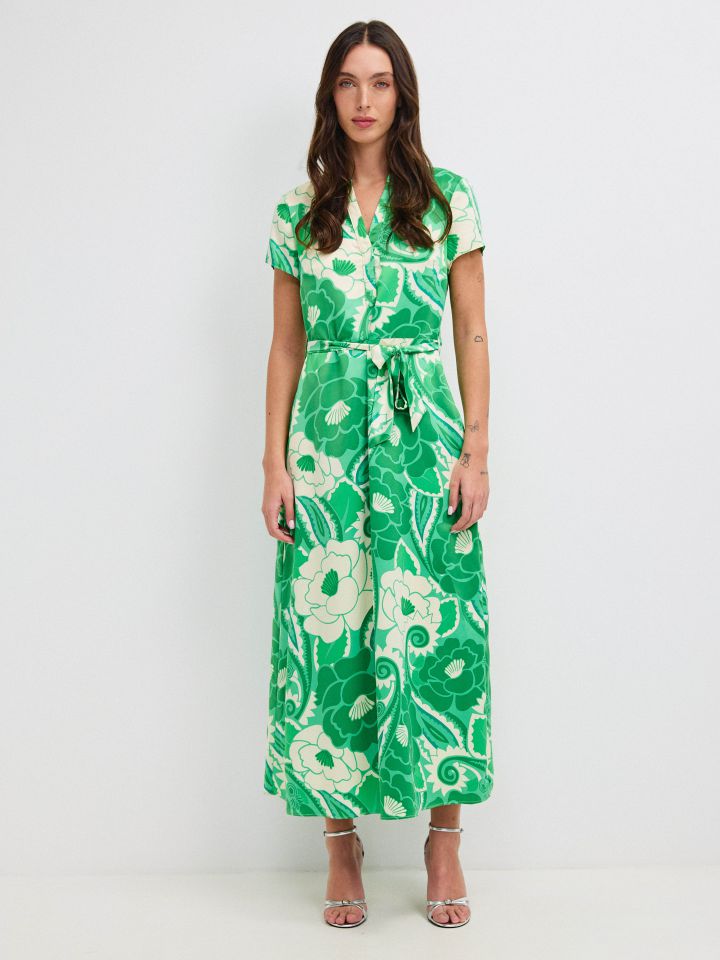 שמלה דפוס חגורה קשירה PROMO בצבע ירוק