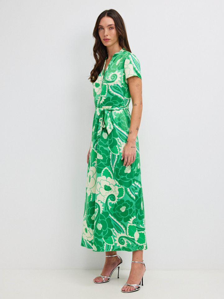 שמלה דפוס חגורה קשירה PROMO בצבע ירוק