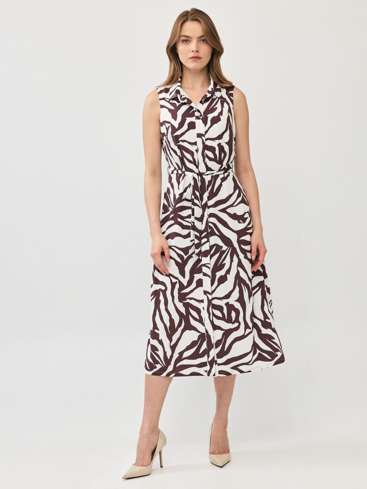 שמלה צוארון דפוס חגורה קשירה בצבע חום