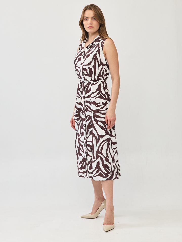 שמלה צוארון דפוס חגורה קשירה בצבע חום