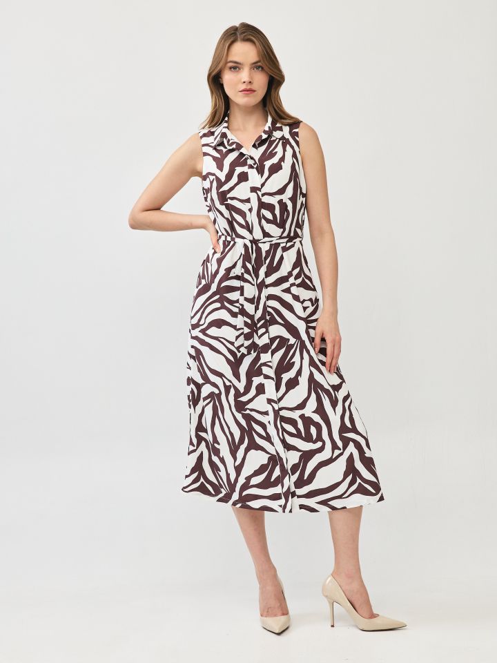 שמלה צוארון דפוס חגורה קשירה בצבע חום