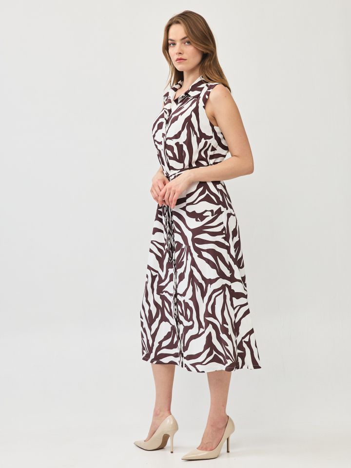 שמלה צוארון דפוס חגורה קשירה בצבע חום