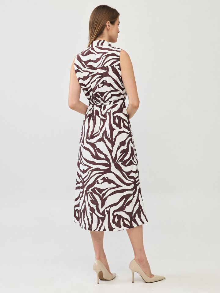 שמלה צוארון דפוס חגורה קשירה בצבע חום