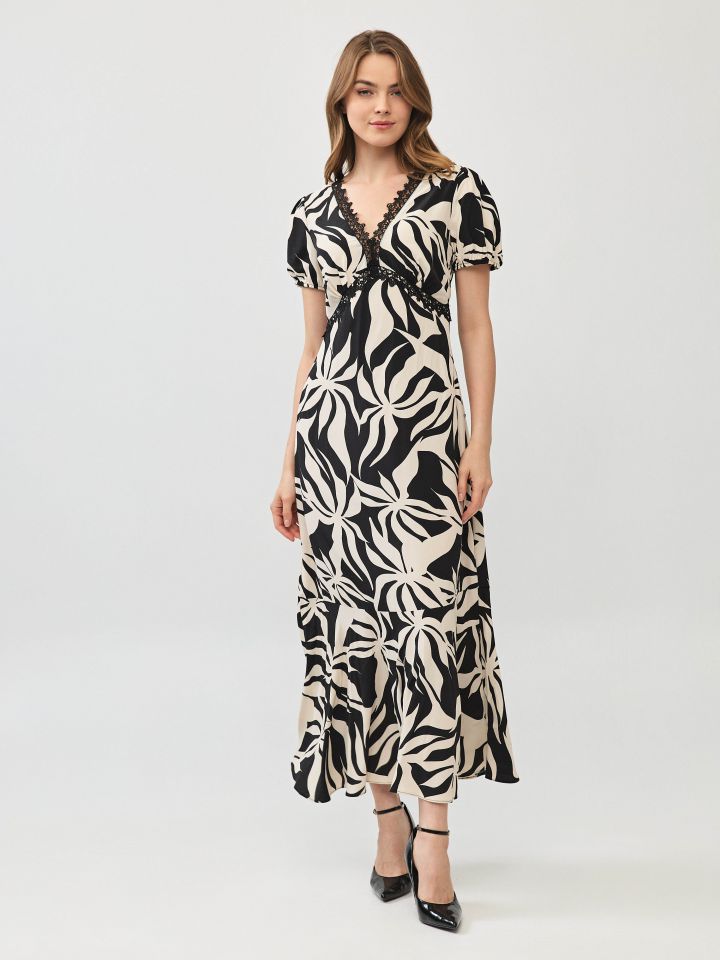 שמלה דפוס שילוב תחרות בצבע שחור/אופוויט