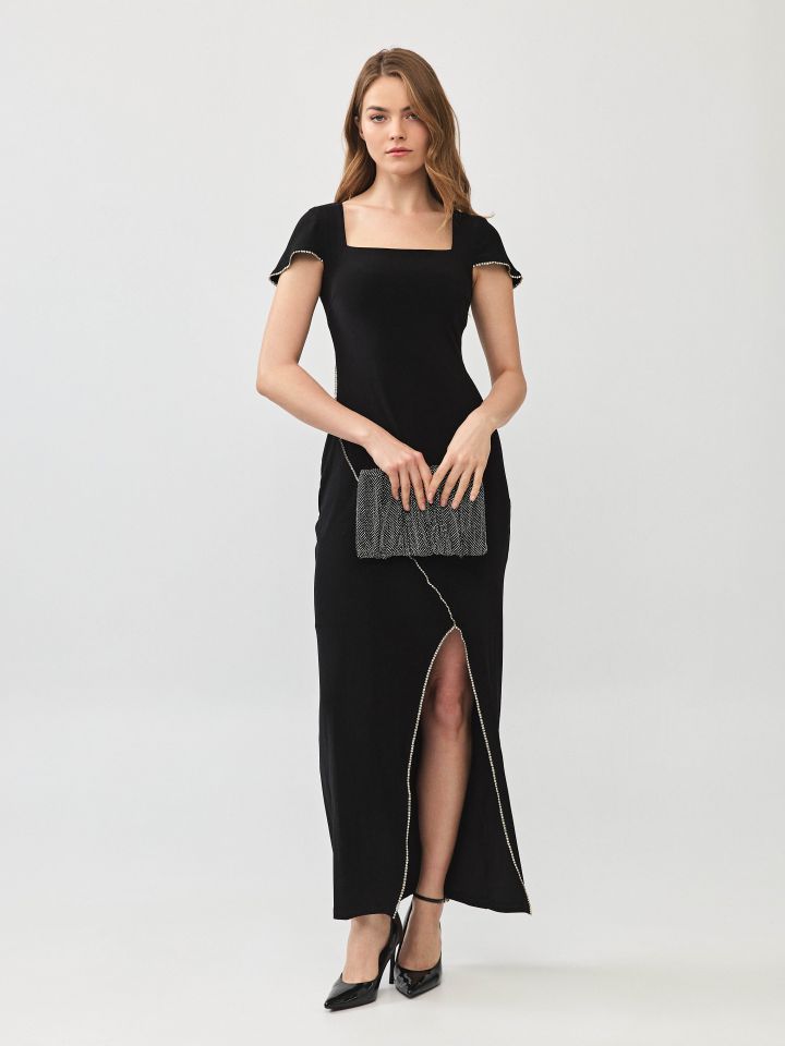 שמלה שילוב דמוי יהלומים בצבע שחור