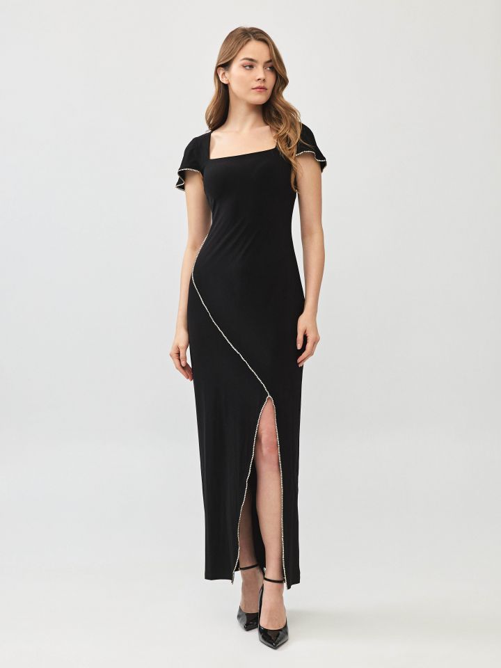 שמלה שילוב דמוי יהלומים בצבע שחור