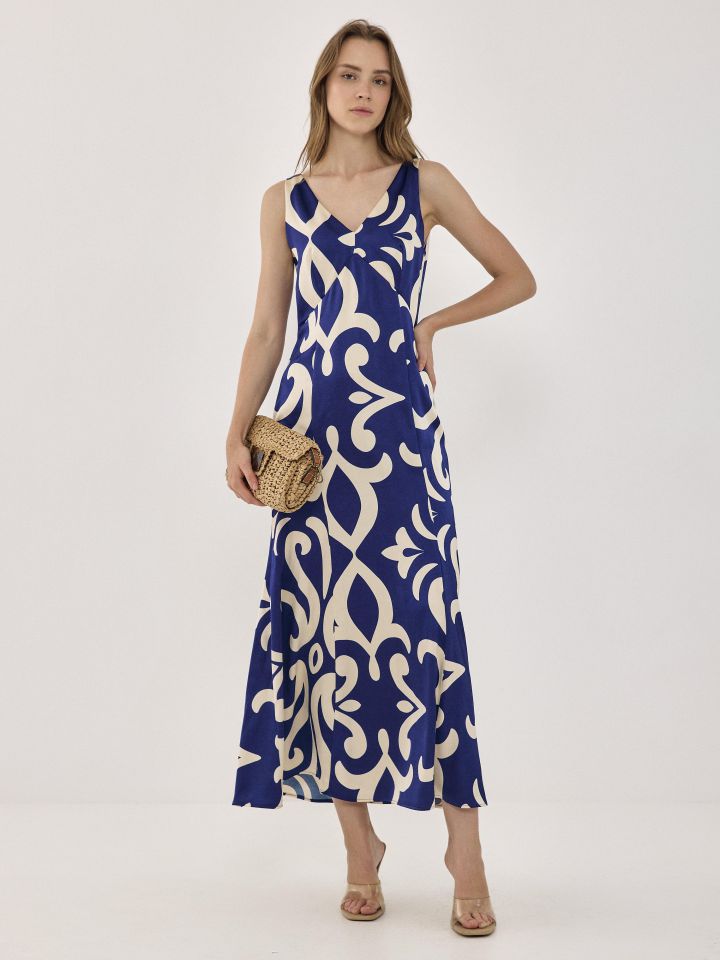 שמלה סטן מקסי בצבע כחול רויאל