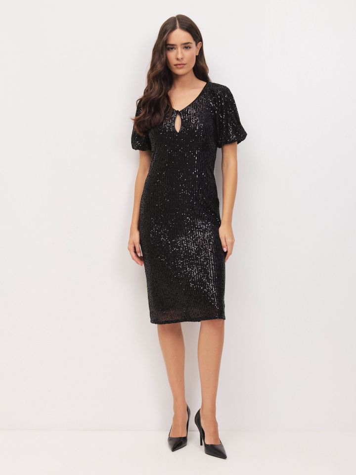 שמלה פייטים שרוול בלון בצבע שחור