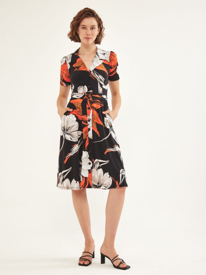 שמלה חגורה דפוס מכופתרת בצבע כתום