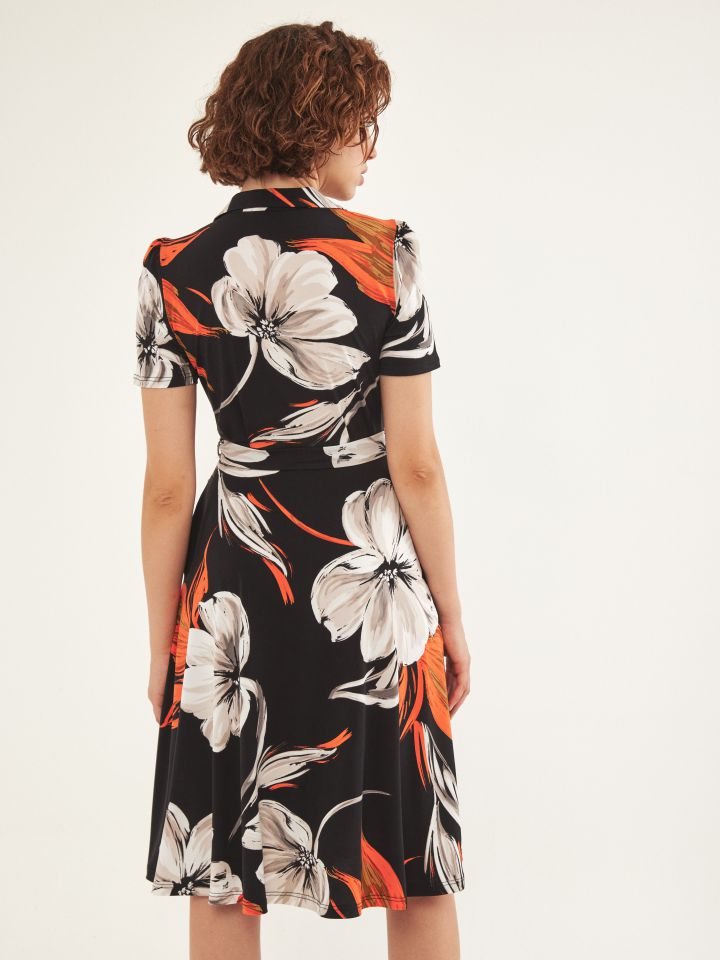 שמלה חגורה דפוס מכופתרת בצבע כתום