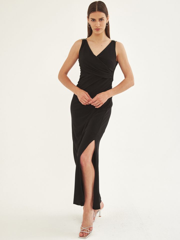 שמלה מקסי אבזמי יהלומים בכתפיים בצבע שחור