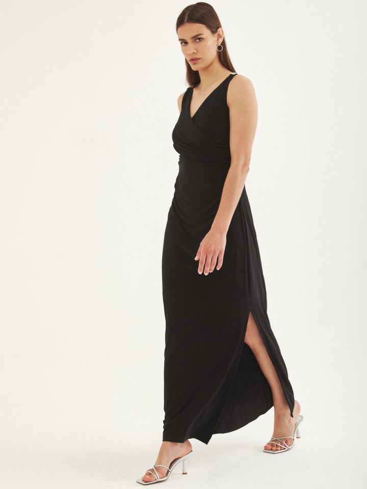 שמלה מקסי אבזמי יהלומים בכתפיים בצבע שחור