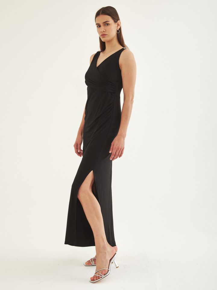 שמלה מקסי אבזמי יהלומים בכתפיים בצבע שחור