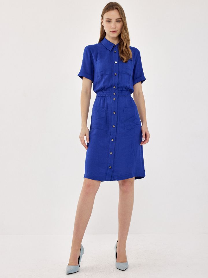 שמלה כיסים כפתורי זהב בצבע כחול אינדיגו