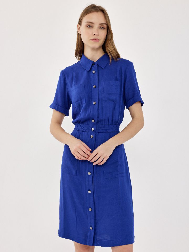 שמלה כיסים כפתורי זהב בצבע כחול אינדיגו