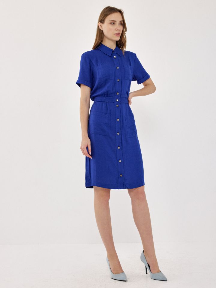 שמלה כיסים כפתורי זהב בצבע כחול אינדיגו