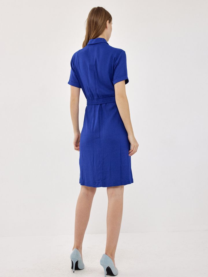 שמלה כיסים כפתורי זהב בצבע כחול אינדיגו