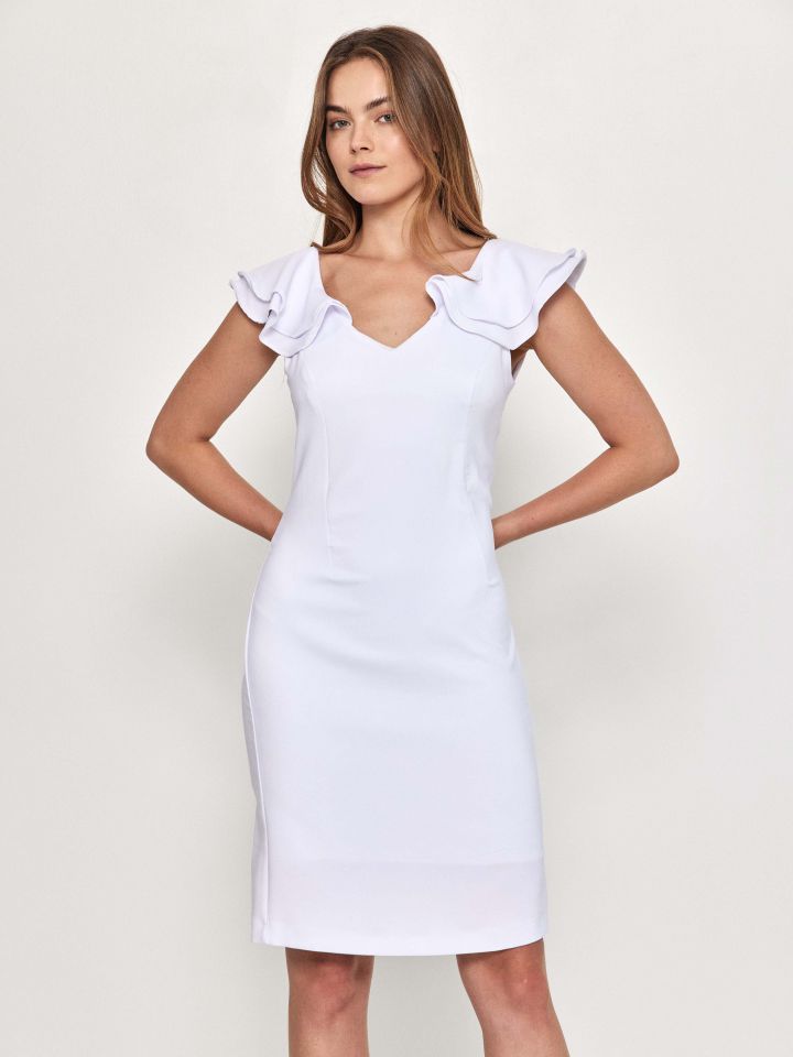 שמלה V שרוול וולן בצבע לבן