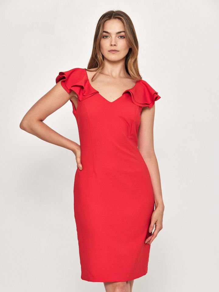 שמלה V שרוול וולן בצבע אדום