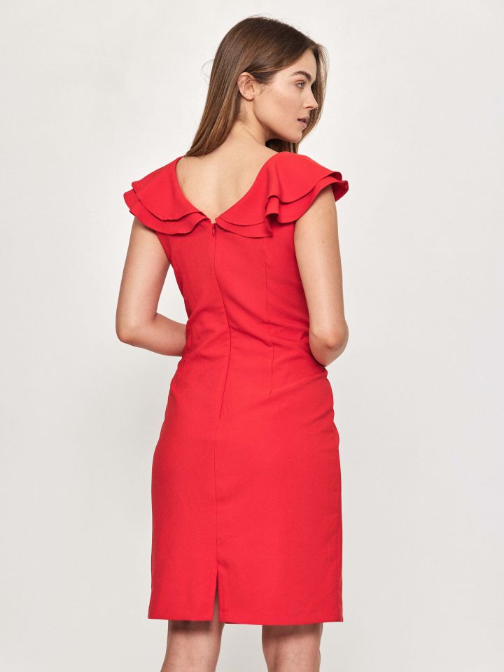 שמלה V שרוול וולן בצבע אדום