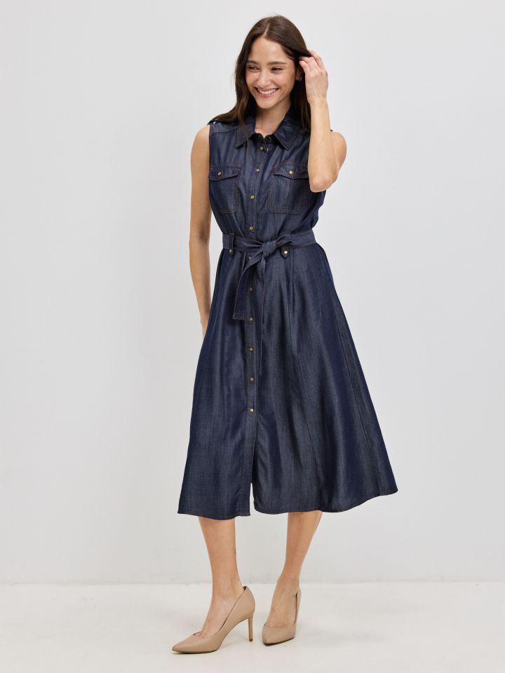 שמלה כיסים + חגורה בצבע ג’ינס כהה