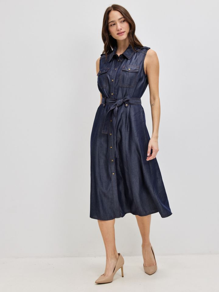 שמלה כיסים + חגורה בצבע ג’ינס כהה