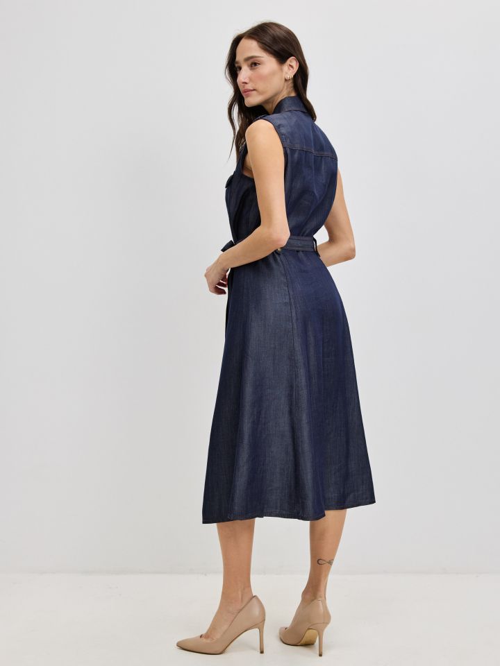 שמלה כיסים + חגורה בצבע ג’ינס כהה