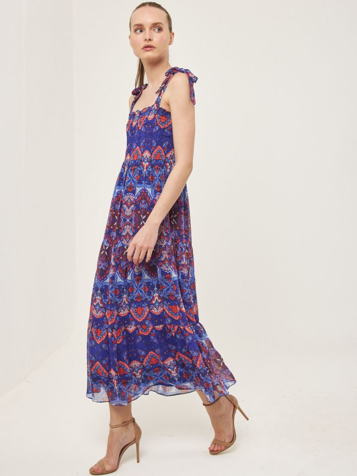 שמלה דפוס  כתפיות קשירה בצבע אתני