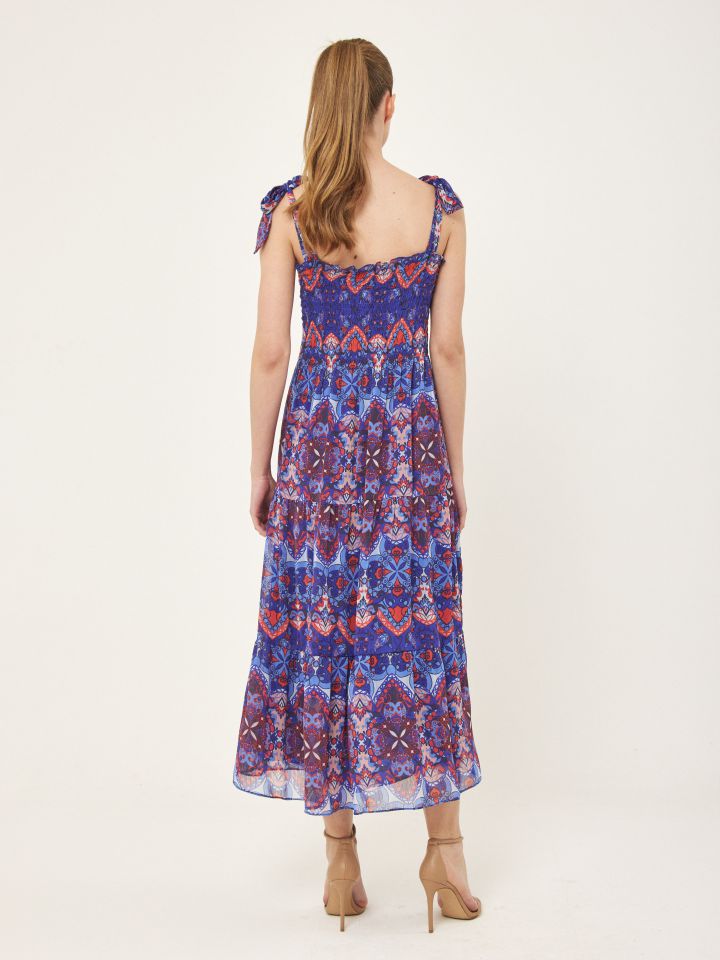 שמלה דפוס  כתפיות קשירה בצבע אתני