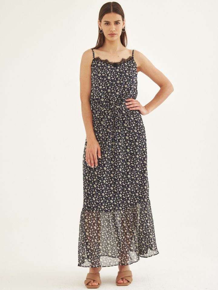 שמלה מקסי V שילוב תחרה בצבע פרחוני